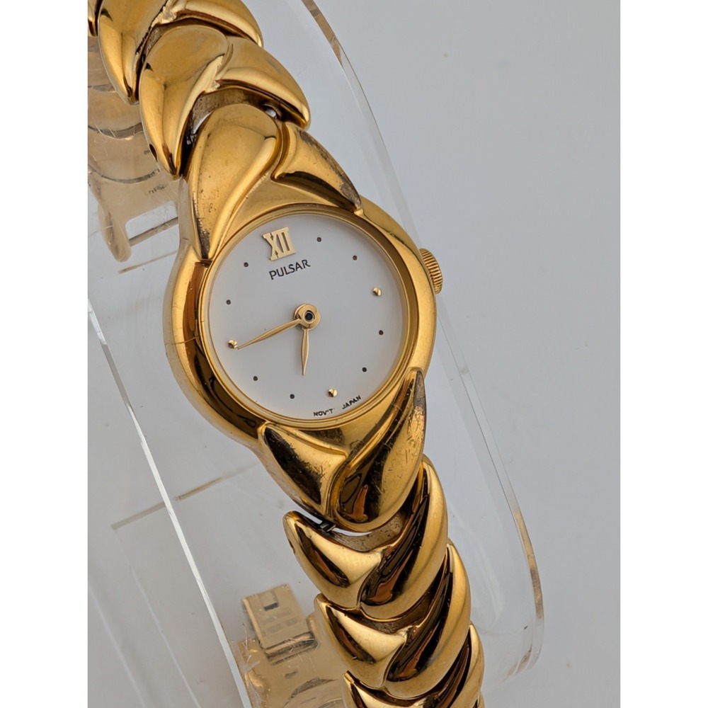 Vintage Pulsar Women Watch 19mm Gold Dial Gold Tone V810-X012 New Battery 6.5"